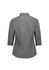 A back view of a women's 3/4 sleeve shirt featuring a striped pattern in grey and white, with a collar and buttoned cuffs.