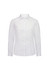 A white long sleeve shirt with a collared neckline, featuring a logo on the front.