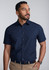 A classic fit short sleeve shirt in navy blue, featuring a button-up front and a branded logo.