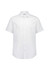 A white short sleeve shirt with a classic fit and a collar, featuring a logo on the label.