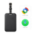 A black luggage tag tracker with a strap and a power button, accompanied by two app icons for tracking.