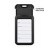 A black luggage tag tracker with a clear window for details and a charging indicator feature.