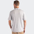 A light grey men's polo shirt with short sleeves, featuring a tag at the back and a logo on the neck.