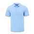 A light blue men's polo shirt with a classic collar and three-button placket, featuring a logo on the left side.