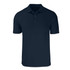 A navy blue men's polo shirt with a collar and three-button placket, featuring a logo on the chest.