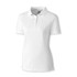 A white women's polo shirt with a collar and a logo. Short-sleeved and made from smooth fabric.