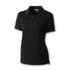 A black women's polo shirt featuring a collar and a three-button placket, with a logo present.