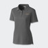 A women's polo in grey with a collar and a logo on the front.