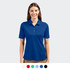 A blue women's polo shirt with a collar, featuring a logo and available in multiple colours.