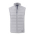 A grey, sleeveless hybrid vest with a front zipper and a logo on the hem.