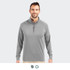 A grey half-zip men's pullover featuring long sleeves and a collar, with a branding logo on the chest.