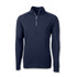 A navy half-zip pullover with long sleeves, featuring a zippered neck and a logo.