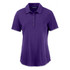 A purple women's polo shirt with a collar and button placket, featuring a logo on the chest.