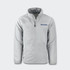 A grey full zip jacket featuring a collar and a logo on the chest.