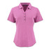 A pink women's polo shirt featuring a collared neckline and four-button placket, with a logo on the chest.