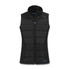 A black women's hybrid vest with a zip-front design and a high collar, featuring a logo on the left side.