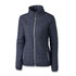 A navy women's jacket featuring a quilted design, zip closure, and side pockets with a logo.