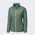 A green quilted women's jacket featuring a stand-up collar and a zipped front, with branding on the chest.