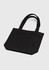 A black canvas tote bag with two handles, featuring a simple design and no visible branding.