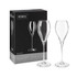 A set of two elegant clear glass champagne flutes, packaged in a black box with branding. Each glass holds 230ML.