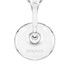 A clear glass flute with a slender stem and a round base, featuring a logo on the base.