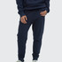 Unisex navy sweatpants with a fitted design and side pockets, paired with a matching hoodie.