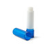 A blue twist lip balm tube with a white balm stick, displayed upright and next to its outer casing.