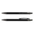 A metal pen in black with a sleek design, featuring a clip and a smooth-writing tip. It has a branding logo.