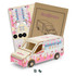 A wooden model of an ice cream van in pink and white, alongside assembly instructions and decorative stickers.