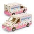 A wooden model of a pink ice cream van, featuring illustrations of ice cream cones and a logo.