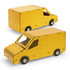 A vibrant yellow wooden model van with cut-out windows and detailed wheels, featuring a simple, playful design.