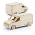 A wooden model van in a natural finish, featuring detailed cutouts and movable wheels. It has a simple, minimalist design.