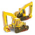 A wooden model of an excavator, featuring a yellow body and grey tracks, with a visible logo.