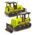A colourful yellow and black wooden bulldozer model with detailed tracks and a front blade. Includes branding.