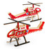 Two wooden model helicopters in red and white, featuring a detailed design and a logo.