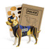 A wooden model of a police dog in brown and black, accompanied by assembly sheets and packaging.