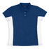 A navy blue and white women's polo shirt featuring a collar and short sleeves, with branding on the inside.