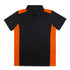 A navy polo shirt featuring orange side panels and a collar, designed with a logo on the chest.