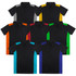 A collection of TRENDSWEAR Apex men's polo shirts in black with contrasting coloured panels in various shades.