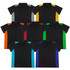 A collection of eight women's polo shirts in black with coloured side panels in grey, yellow, orange, red, teal, and purple.