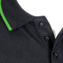 A black polo shirt with a green collar, featuring buttons and a logo.