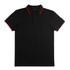 A black polo shirt with red accents on the collar and sleeves, featuring a buttoned placket and a logo.