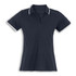 A navy blue women's polo shirt with white collar and sleeve accents. The shirt has a logo on it.