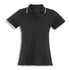 A black women's polo shirt with a collar, featuring white trim on the sleeves and neckline. It has a logo.