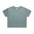 A teal crop tee with a round neckline and short sleeves, featuring a logo on the label.