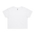 A white crop tee with a round neck and short sleeves, featuring one logo.