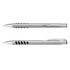 A metal pen in silver with black accents and grip features, featuring a clip and a logo.
