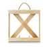 A wooden wine crate in natural colour, featuring a rope handle and an X design for stability.