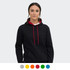 A black unisex hoodie with a red contrast drawstring and a front pocket, featuring a branding logo.