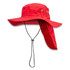 A red Legionnaire wide brim hat with a neck flap and adjustable chin strap, featuring metal snaps on the sides.